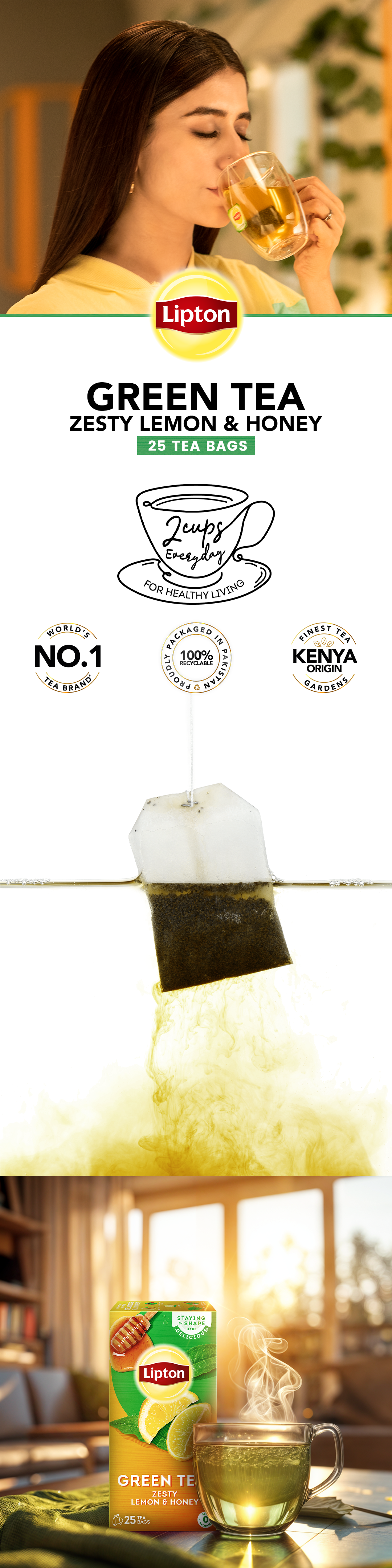 Lipton Green Tea, Zesty Lemon &amp; Honey Tea Bags, 25-Pack